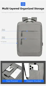 Détail du sac à dos oxford gris avec compartiments de rangement pour iPad et mobile