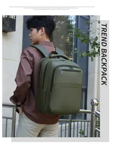 Side view of olive green business backpack with padded straps on casual model