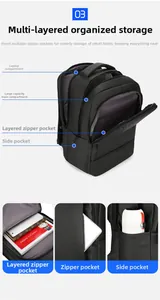 Detail view of the multi-layer interior compartments and laptop sleeve of this black backpack