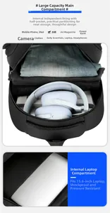Detail view of the large capacity interior with 15.6 inch laptop compartment and compartments