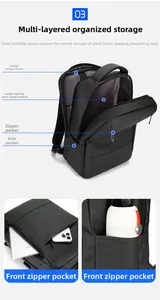 Detail of multi-compartment business backpack with laptop sleeve and water-resistant fabric