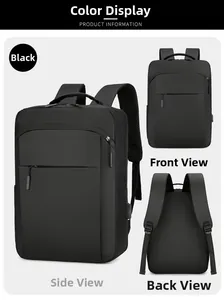 Detail view of black 16-inch laptop backpack showing front, side, and back breathable straps