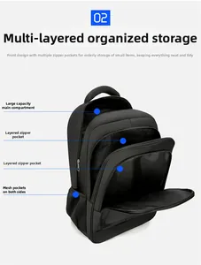 Détail du rangement multicouche avec grand sac principal et poches zippées