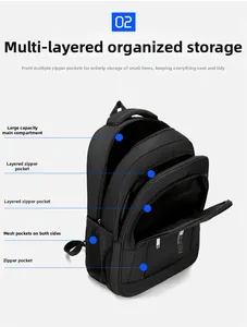 Detail view of large capacity business backpack with organized multi-layered pockets