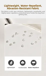Detail showing water-repellent and wear-resistant fabric texture of the light gray backpack