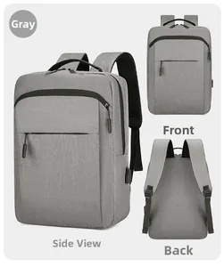 Detail view of gray laptop backpack showing front, back, and side with USB charging port