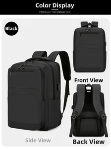 Business backpack detail views showing black color, USB port, and breathable mesh back