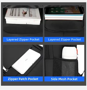 Détail des poches zippées à plusieurs niveaux et poche filet sur sac à dos noir