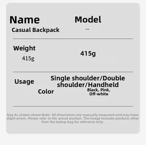 Spécifications du sac à dos léger 415g détaillant l'usage et les coloris
