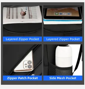 Detail view of large capacity black backpack showing zippered compartments and side pocket