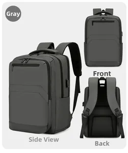 Three-angle view of gray business laptop backpack showing front, back and side features