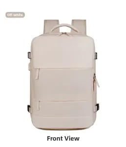Vista frontale dello zaino da viaggio business color crema con ampie tasche a zip