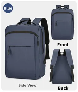Blue waterproof 16 inch laptop backpack detail views with integrated USB charging port
