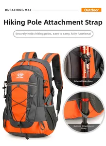 Detail of outdoor hiking backpack showing trekking pole attachment straps and buckles
