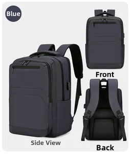Detailed views of blue business backpack showing front, back, and side with USB port
