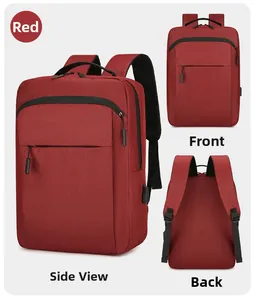 Detailed multi-angle views of red waterproof 16 inch laptop backpack with USB port