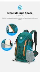 Détails du sac à dos de randonnée 40L en nylon vert avec compartiments zippés orange vif