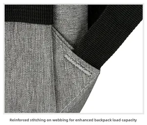 Close-up of reinforced webbing stitching on gray textured fabric for enhanced load capacity