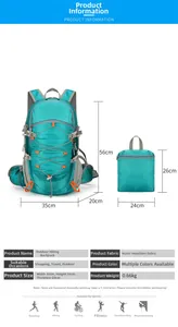Tabla de tallas de mochila de senderismo con 56cm de alto y 26cm de plegado compacto