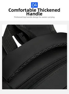 Close-up of ergonomic thickened handle with breathable mesh on black travel backpack
