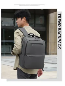Close-up of grey waterproof business backpack with multi-pocket design for travel