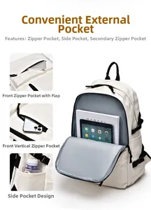 Detailed view of white waterproof backpack with multi-pocket design and side buckles