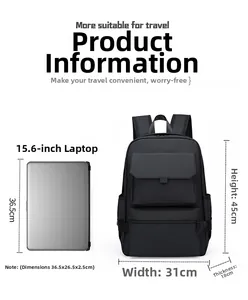 Detailed size chart showing 31x45x18cm dimensions for a 15.6 inch laptop backpack