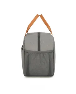 Vue détaillée du sac isotherme en tissu gris avec poignées tissées orange de côté