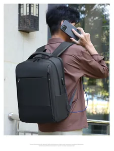 Detail of waterproof business backpack with side USB charging port and elastic pocket