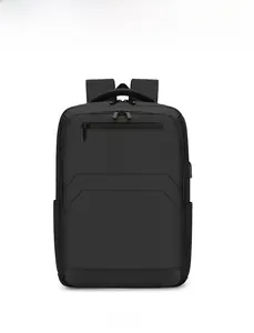 Front view of waterproof black business laptop backpack with minimalist geometric design