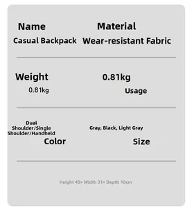 Detailed size chart and material specifications for this durable grey business backpack