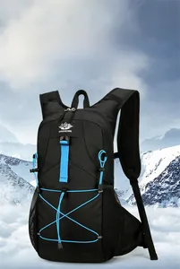 Detail of lightweight hiking backpack with elastic cords and multi-layer storage compartments