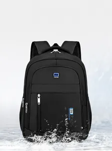 Close-up of waterproof black business backpack with splash-resistant fabric and dual zippers