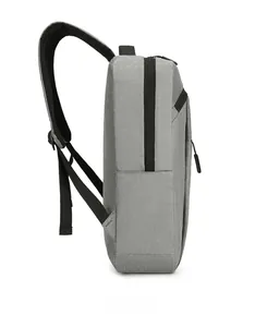 Side view of dark gray business backpack featuring breathable mesh straps and smooth zippers