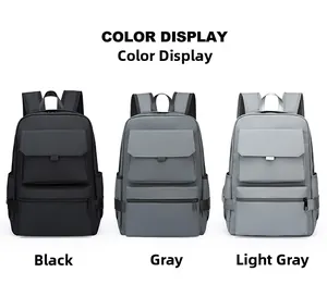 Three travel backpacks in black, grey, and light grey with waterproof fabric detail