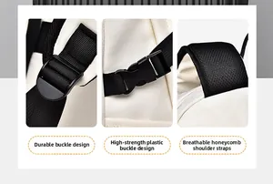 Detail view of backpack buckle, adjustable strap and breathable honeycomb mesh padding