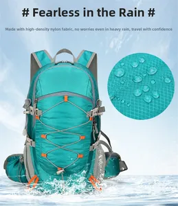 Detalle de la tela de nailon impermeable de alta densidad con gotas de agua en la mochila