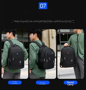 Detailed views of black business backpack showing handheld, single shoulder, and double strap modes