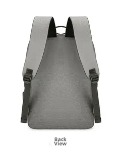 Back view of a grey waterproof 16-inch laptop backpack with USB port and wide straps