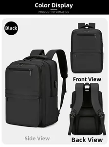 Detailed views of black business laptop backpack with USB port and luggage strap