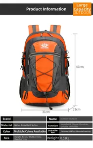 Detail view of orange hiking backpack showing dimensions, 0.53kg weight and nylon material