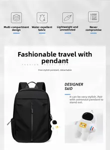 Detail of waterproof casual backpack with multi-compartments and astronaut keychain