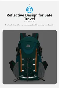 Détail du sac à dos de randonnée vert foncé avec bandes réfléchissantes et cordons élastiques