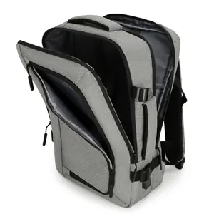 Grey multi-functional business laptop backpack with durable textured fabric and multiple compartments
