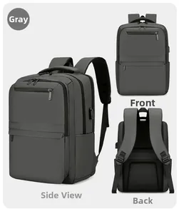 Detailed views of grey business laptop backpack showing USB port and ergonomic back padding