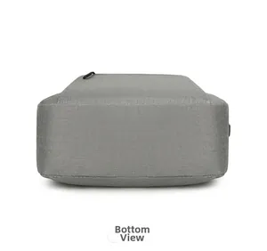 Detailed bottom view of gray water-resistant polyester backpack with premium stitching