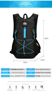 Detailed view of black hiking backpack with dimensions and water-repellent fabric detail