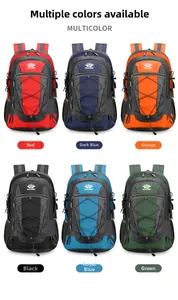 Hiking backpacks shown in six colors: Red, Navy, Orange, Black, Royal Blue, and Green