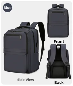 Three views of blue business backpack with USB port, breathable mesh back and S-shape straps