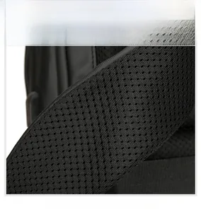 Close-up of thick honeycomb breathable mesh shoulder straps on a black business backpack